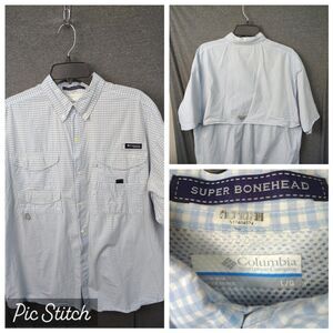 Columbia PFG Shirt Super Bonehead Vented Fishing Aqua Gingham Check Men’s Large